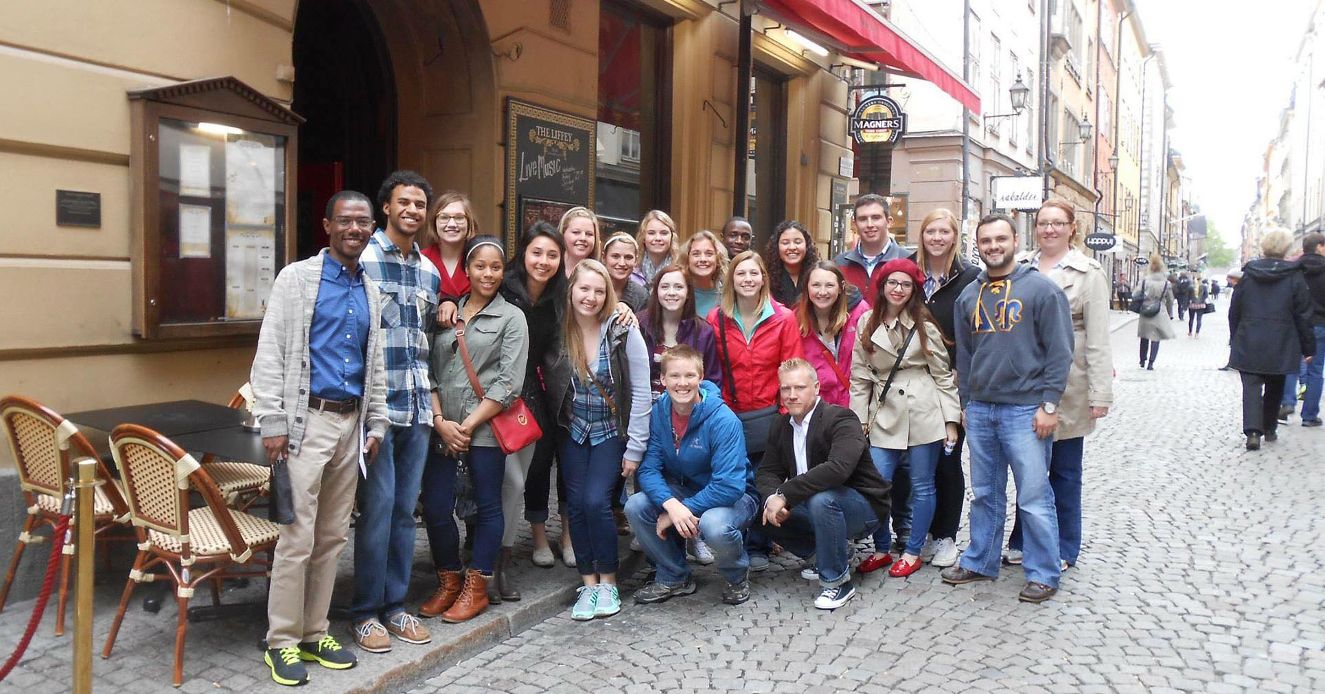 Students, Beatty and Winfrey gather in Stockholm's Old Town known as Gamla Stan.