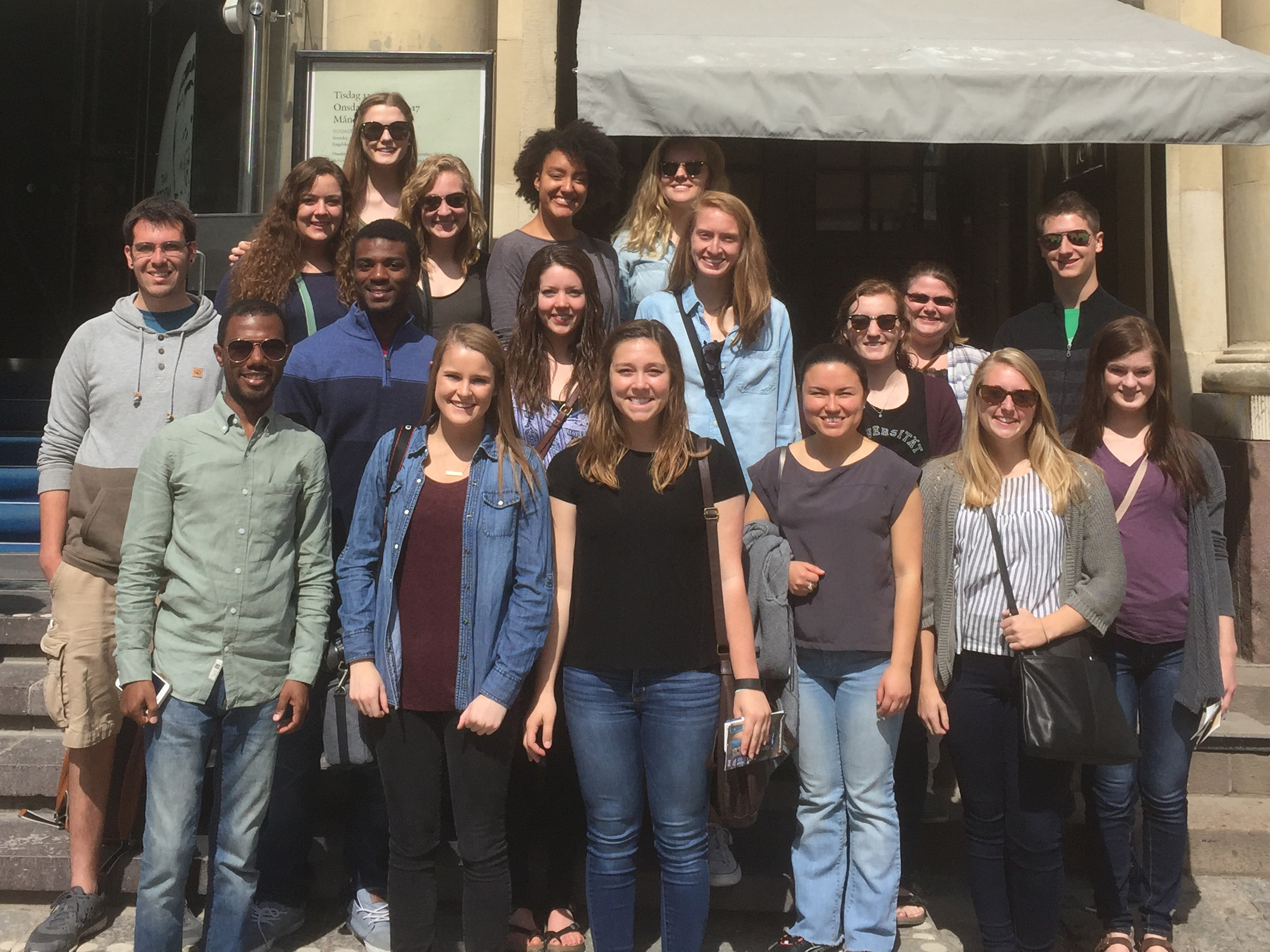 Beatty (front row left) poses with the students participating in the 2016 global study abroad program outside the Nobel Museum in Stockholm.