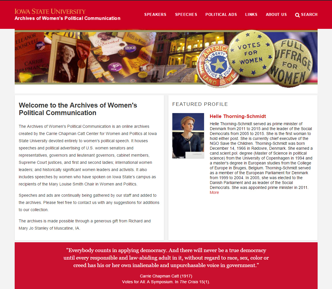 The Archives of Women's Political Communication new homepage: awpc.cattcenter.iastate.edu.