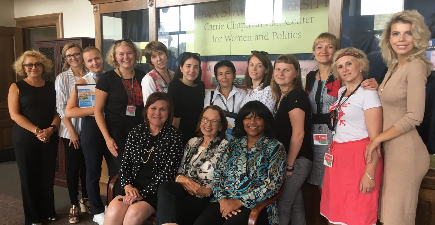 Catt Center director Dianne Bystrom and Ready to Run Iowa participants Victoria Szopinski and Monic Behnken met with 10 women leaders from Belarus and their two interpreters on Sept. 14 at the Catt Center.