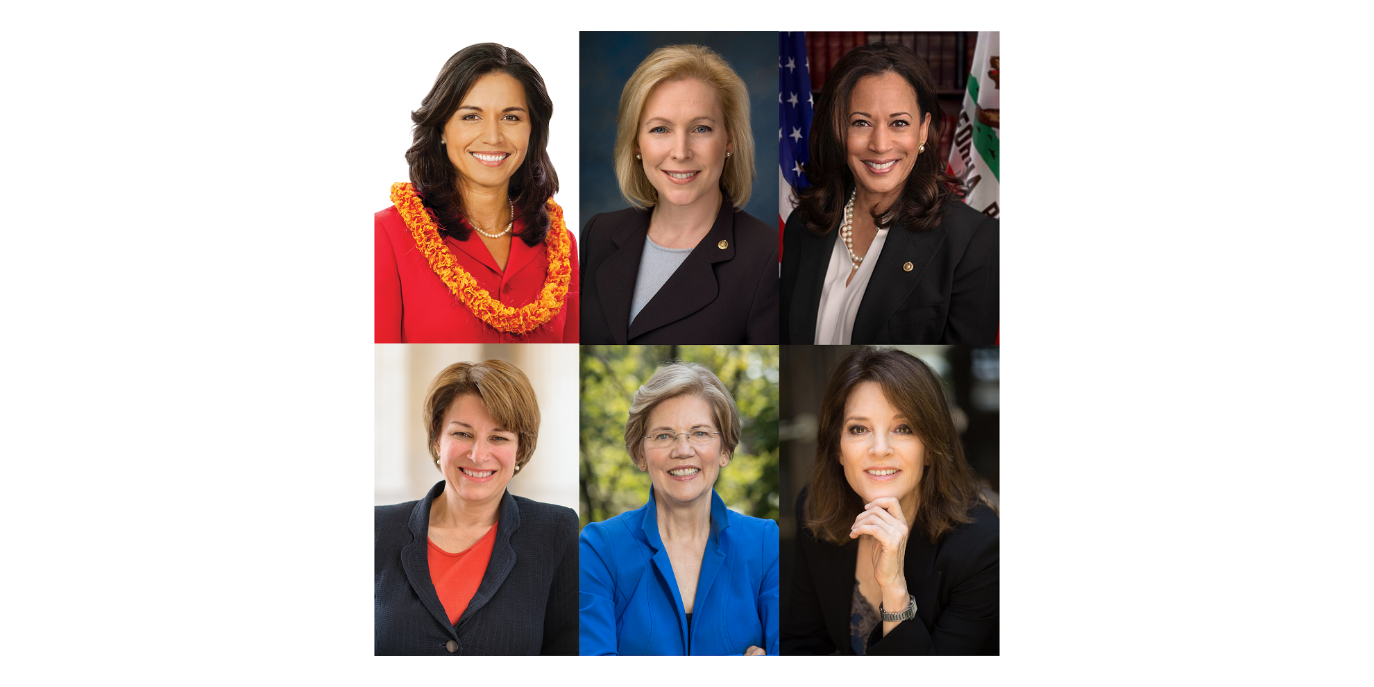 Top from left: Hawaii Rep. Tulsi Gabbard, New York Sen. Kirsten Gillibrand, California Sen. Kamala Harris. Bottom from left: Minnesota Sen. Amy Klobuchar, Massachusetts Sen. Elizabeth Warren, Marianne Williamson.