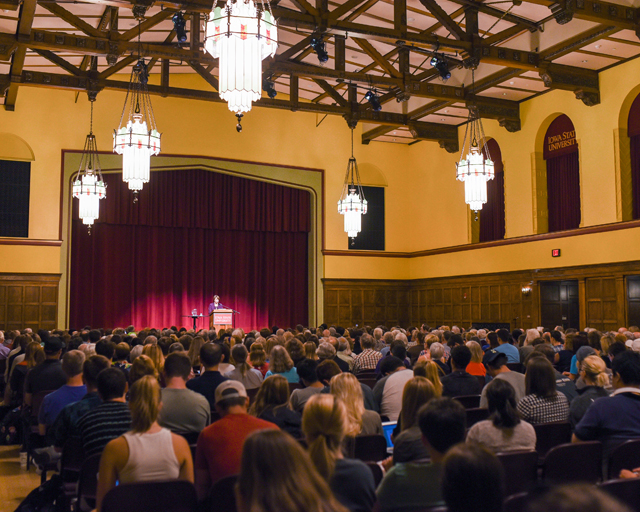 Sen. Amy Klobuchar of Minnesota discusses her experiences in public service in the Great Hall of Iowa State’s Memorial Union