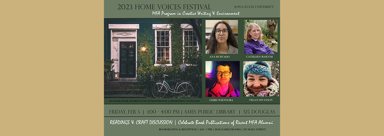 Home Voices Festival. Image with phots of the four authors -- Ana Hurtado, Calthleen Basacom, Chris Wiewiora, Tegan Sanson.