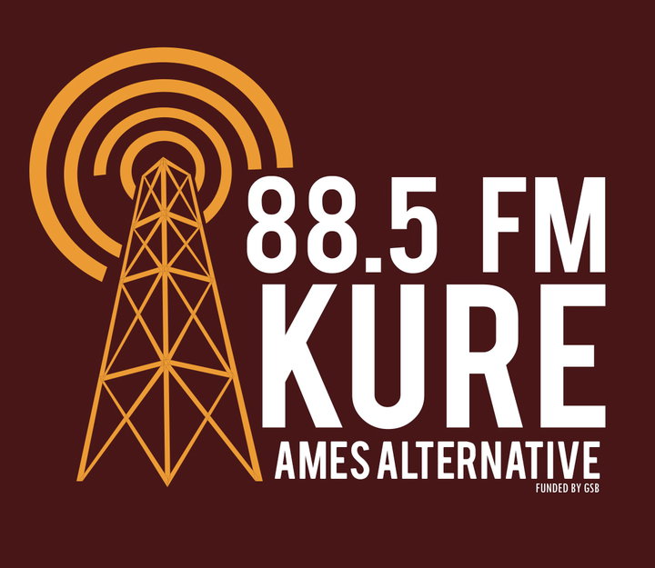 88.5 FM KURE Ames Alternative logo with a radio tower emitting frequency waves.