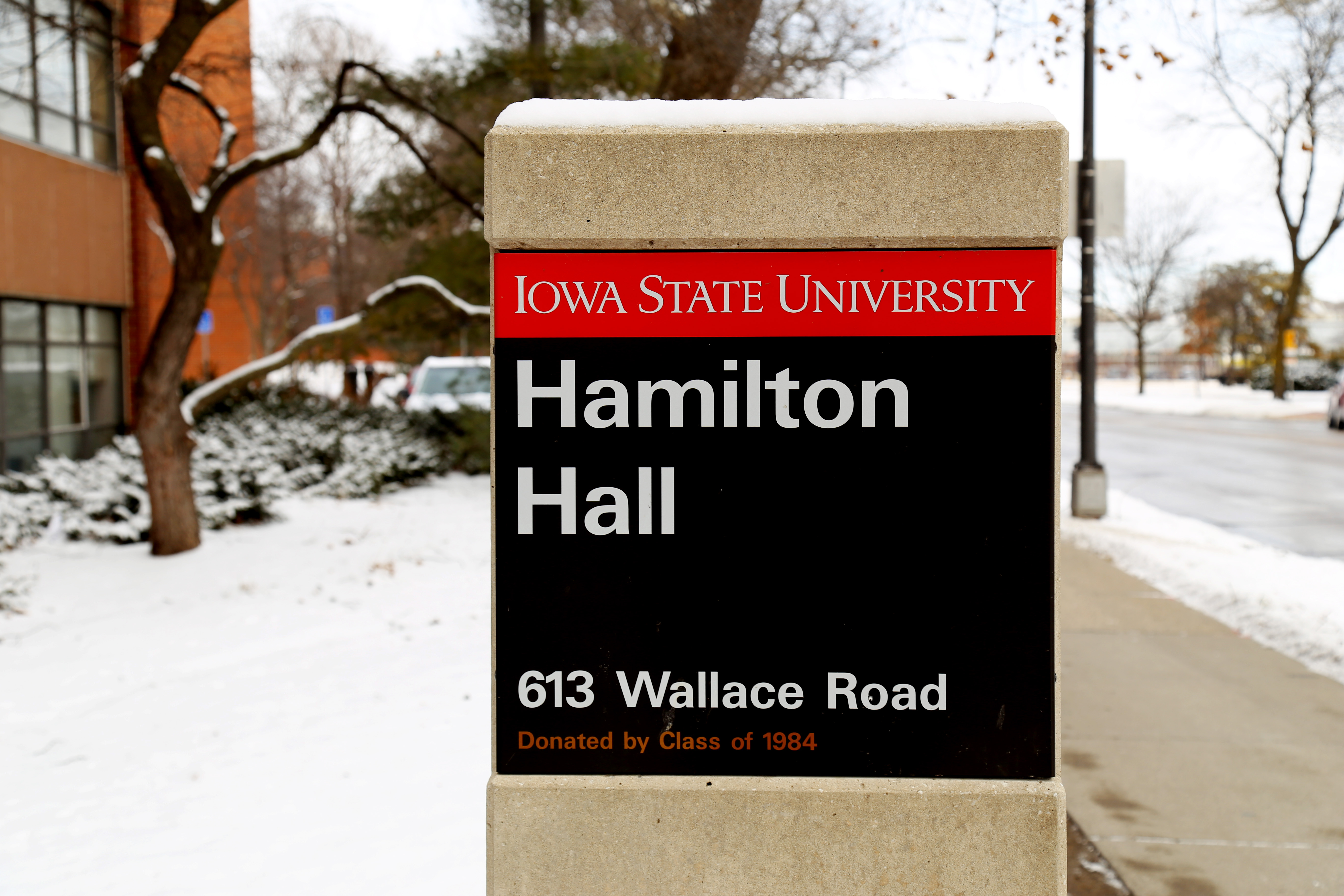photo of Hamilton Hall sign with snow