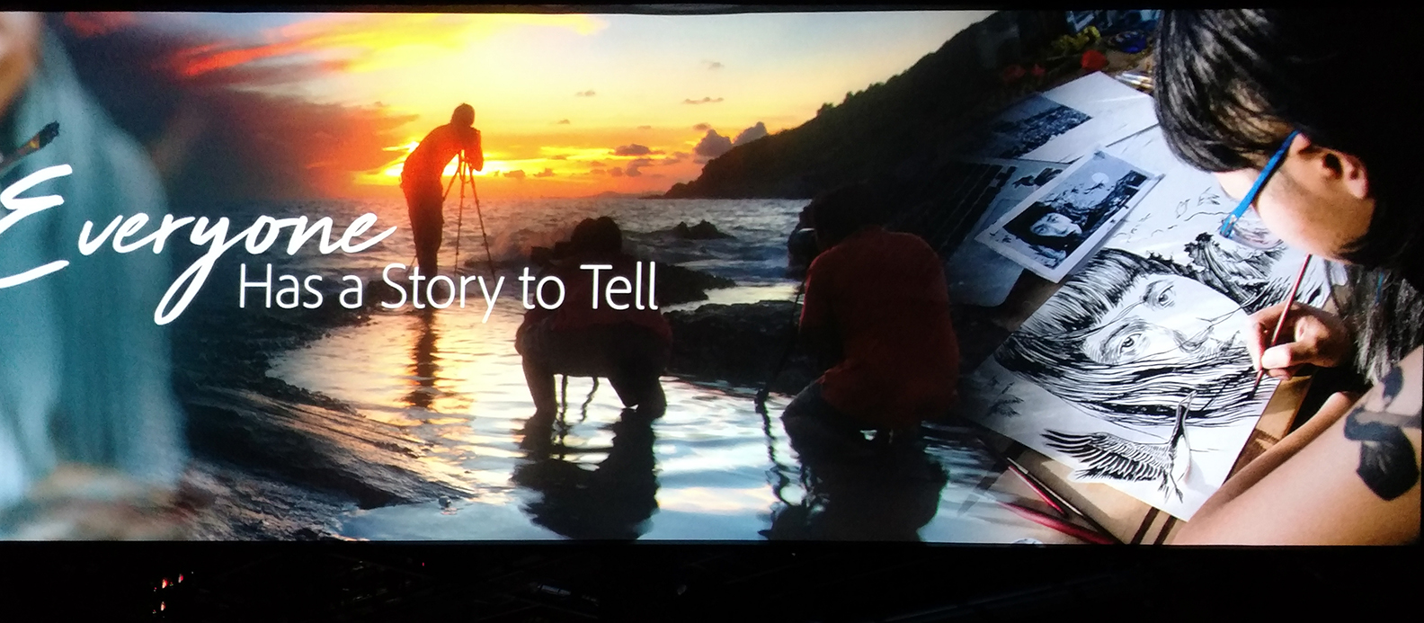 "Everyone has a story to tell" graphic with a sunset, someone taking a photo and someone drawing
