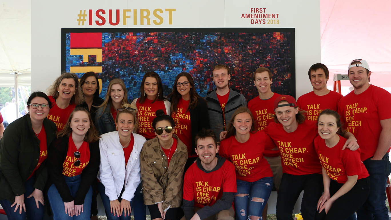students in front of a mosaic at First Amendment Days