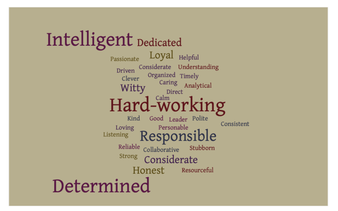 word cloud featuring words likes intelligent, hardworking, responsible, determined, dedicated