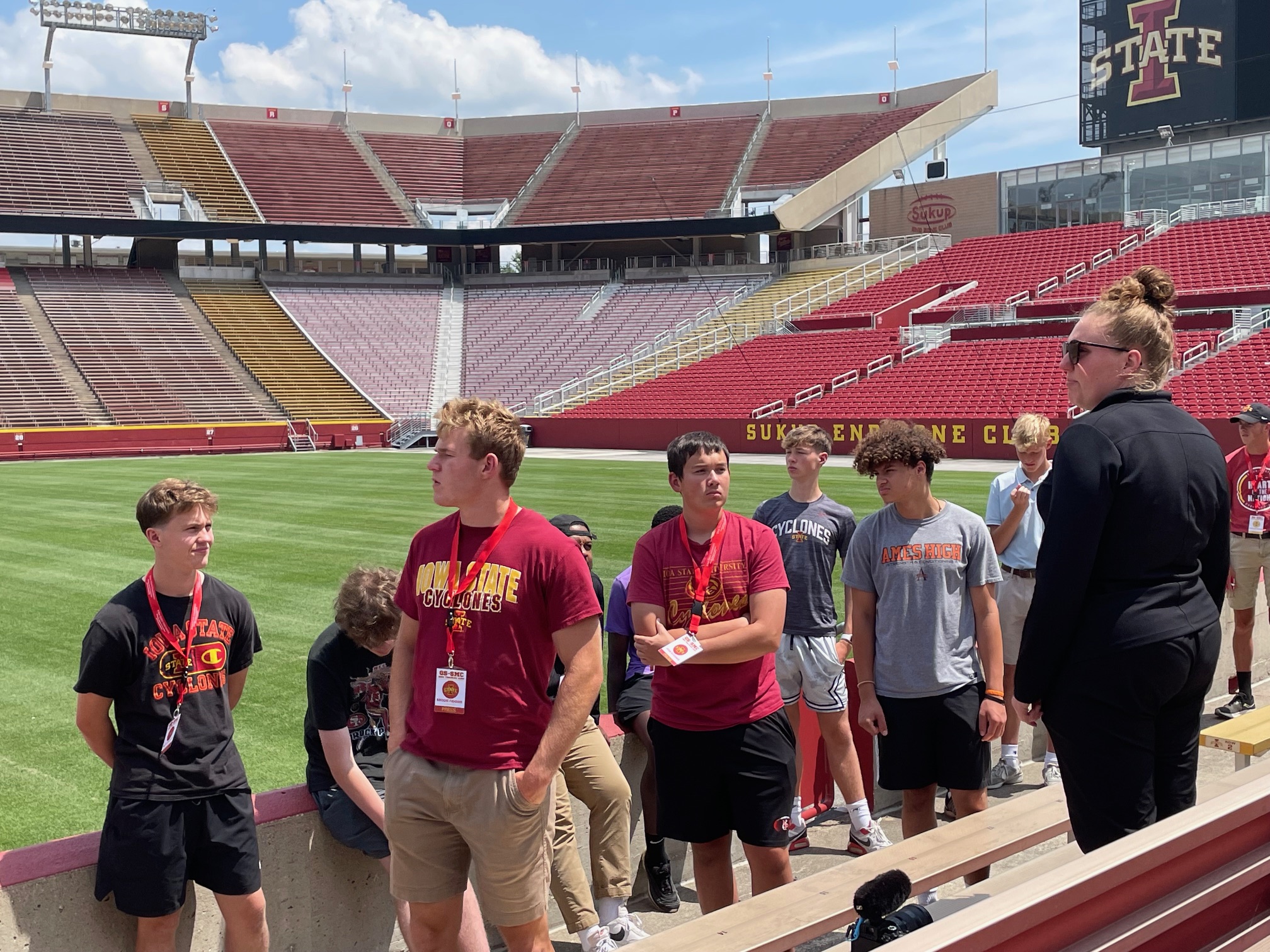 High school students tour Jack Trice Stadium at Iowa State University in Ames, Iowa.