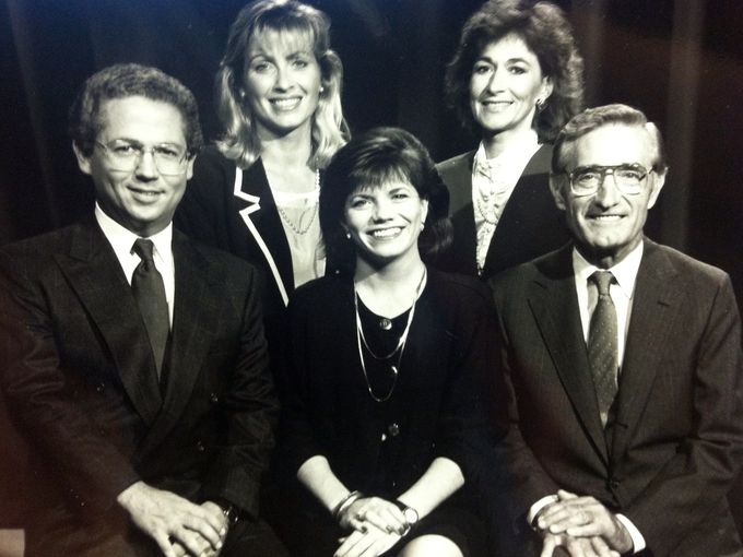 Throughout his tenure at the TV station, Cooney anchored alongside personalities including Heidi Soliday, Kathy Soltero, Connie McBurney and Paul Rhoades (right).
Photo courtesy of The Des Moines Register