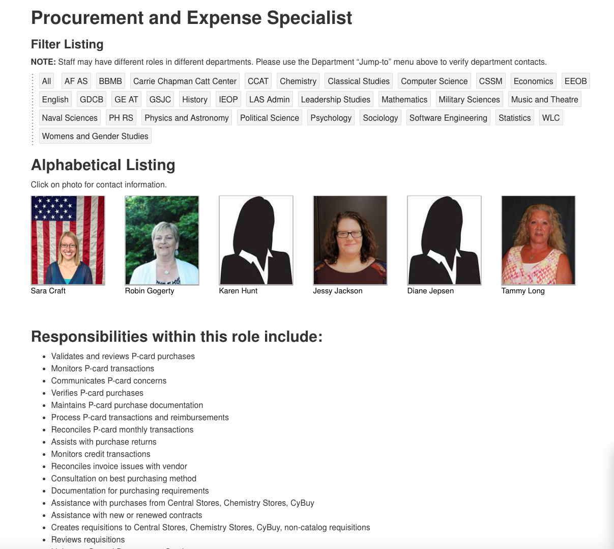 Screen shot of the procurement and expense specialist page which lists the responsibilities of a procurement expense specialist. https://my.las.iastate.edu/people-finder/procurement-and-expense-specialist/