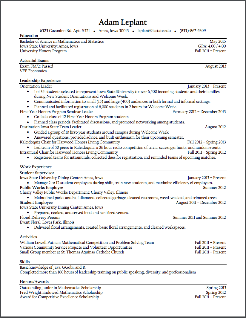 A sample resume available on the LAS Career Services website