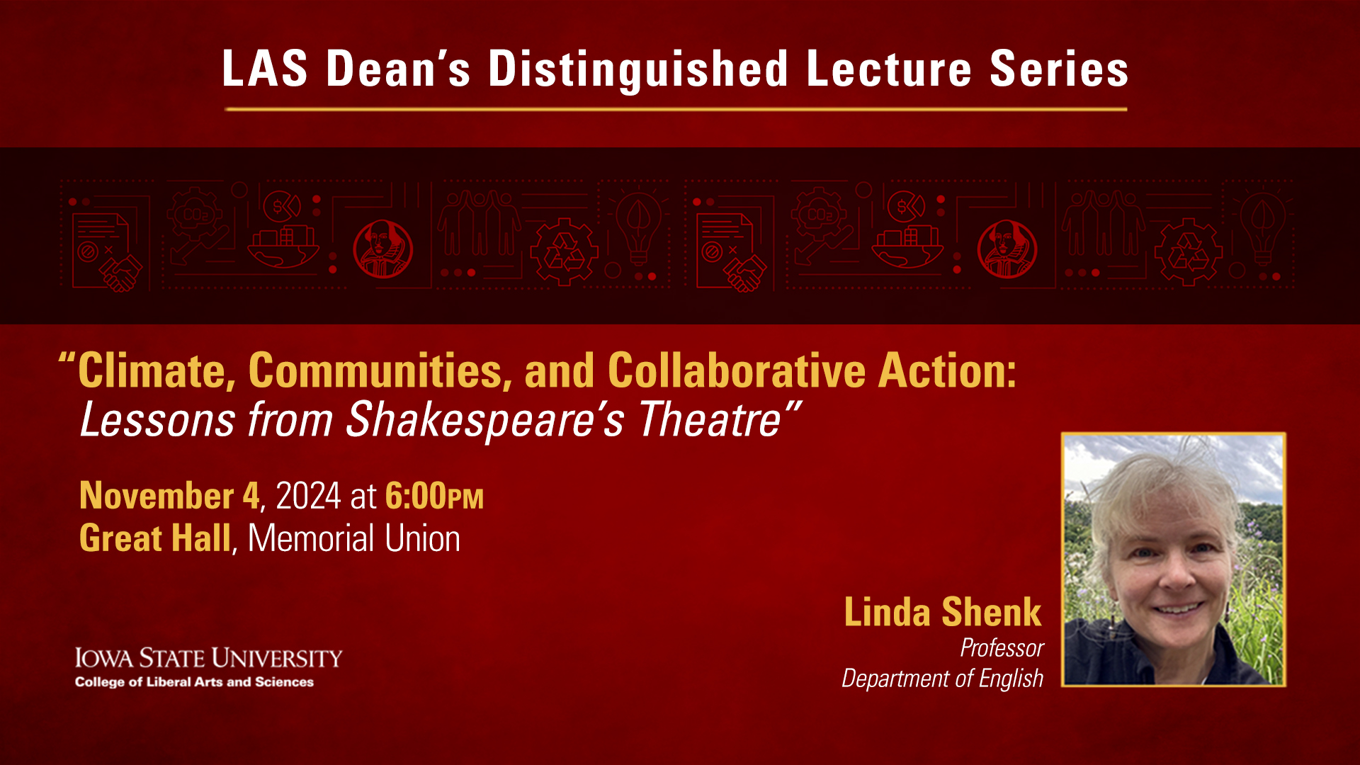 image with lecture details and photo of Linda Shenk.