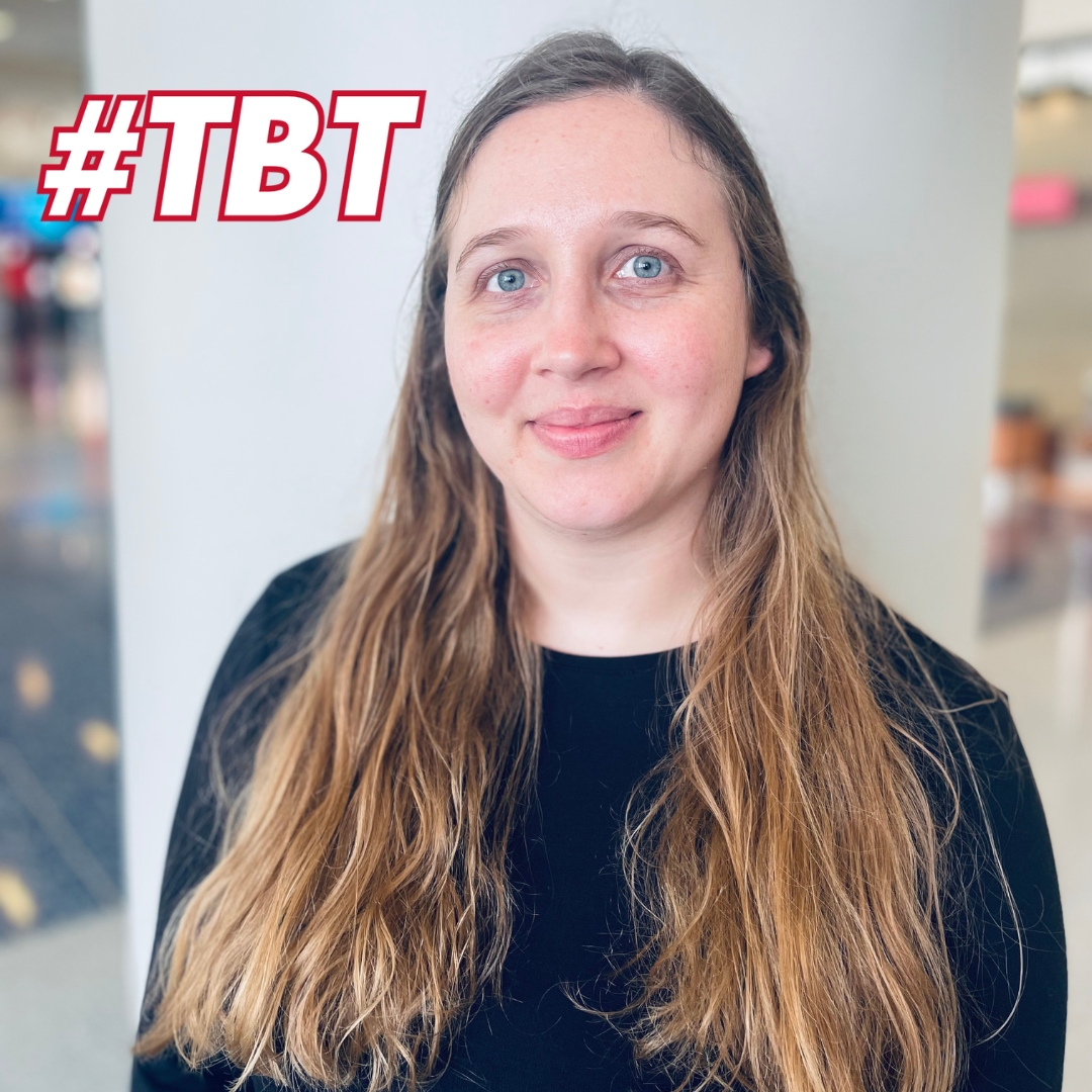 Lindy Sherman, LAS alumni, portrait with a white rounded beam behind her. Text overlay that says "#TBT"