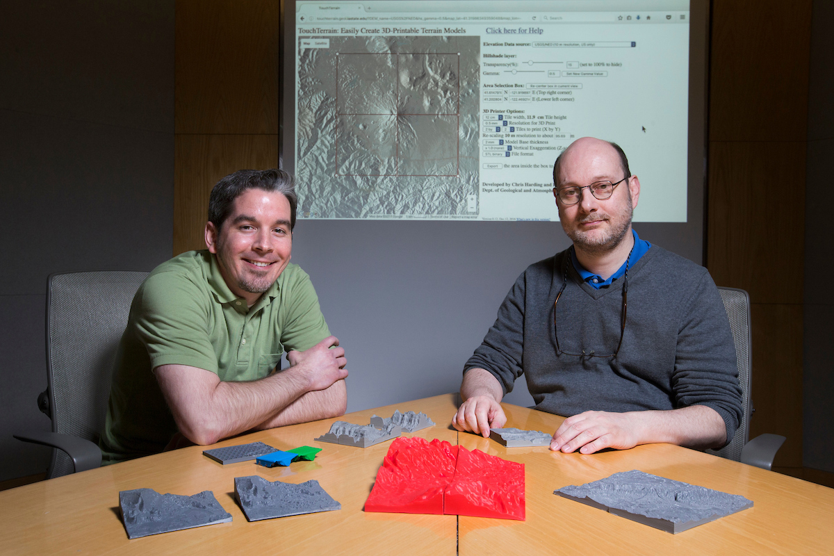 Alex Renner, left, and Chris Harding helped develop a web app that allows people to easily print 3-D models of terrain. (Christopher Gannon/Iowa State University.)
