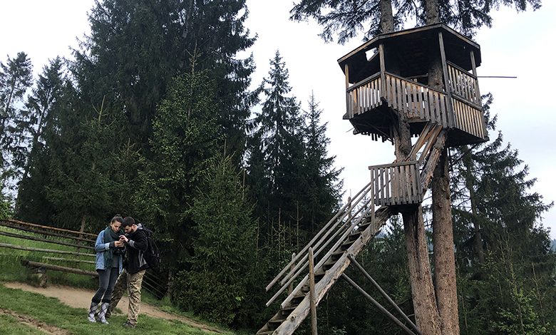 Students stand near a rustic treehouse on a mountaintop in Lviv.