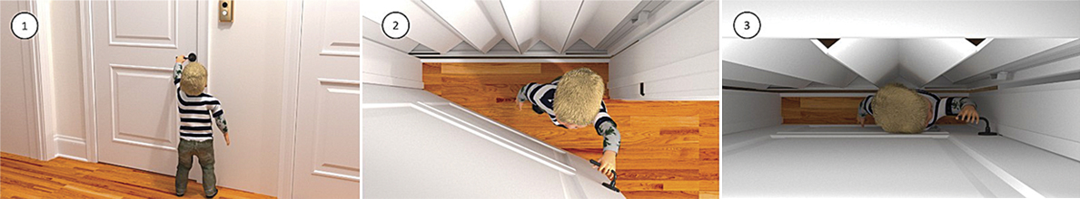 Animation stills that show how a toddler became trapped in a home-elevator system