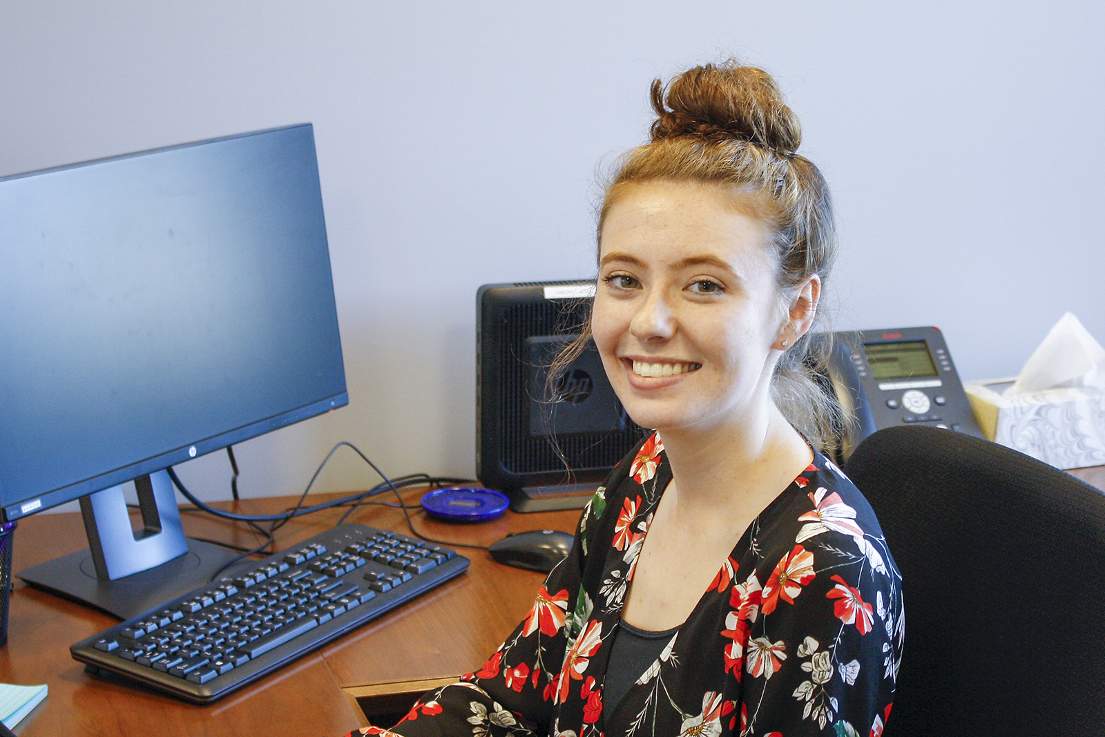 Public relations major Kaitlyn Hood studies at home at her desk