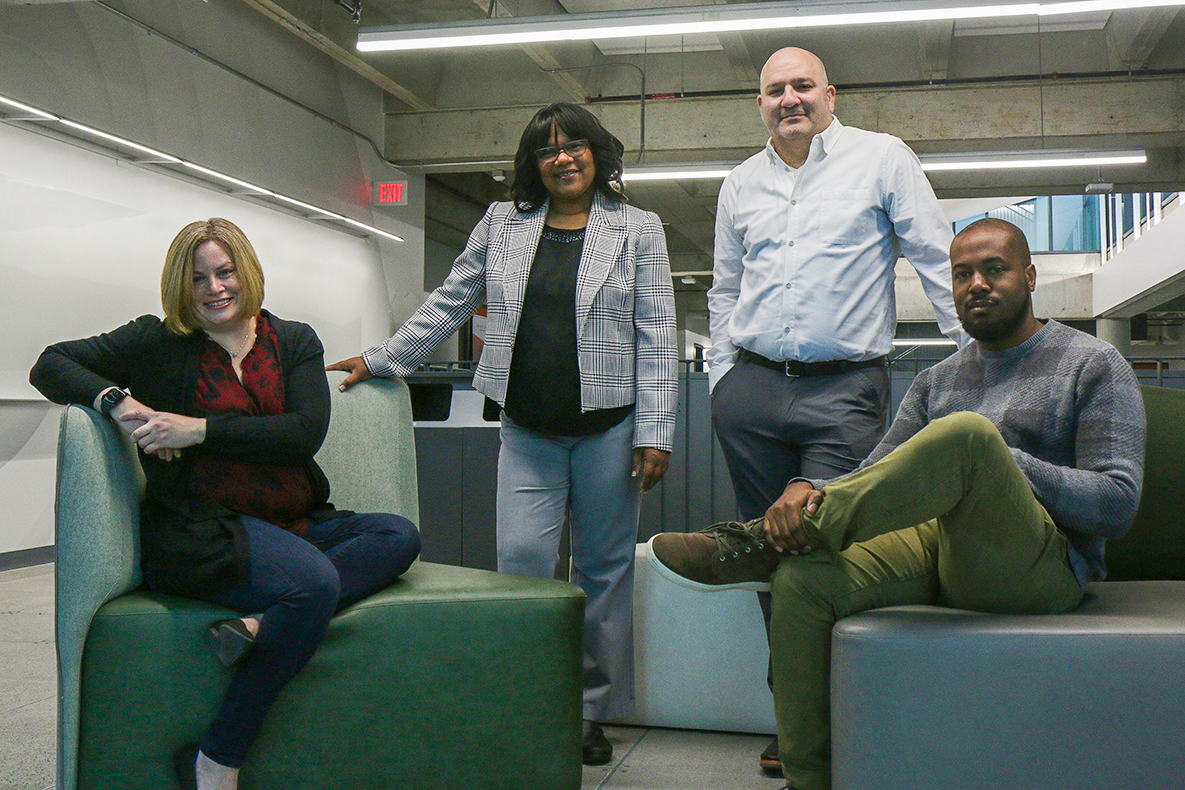 The DEI team: Amy Rutenberg, Monic Behnken, Corey Welch and Arnold Woods sit comfortably in the Student Innovation Center