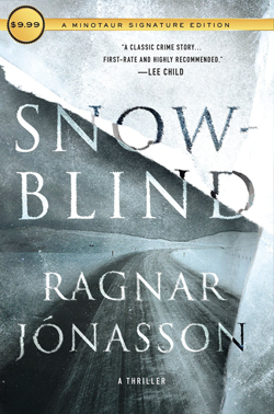 cover image of the book Snowblind. Title of book with light image of a snow, windy road