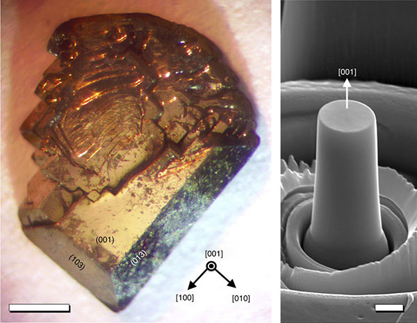 A chunk of metal on the left, on the right is a microscopic image that looks like a pillar rising out of the material.