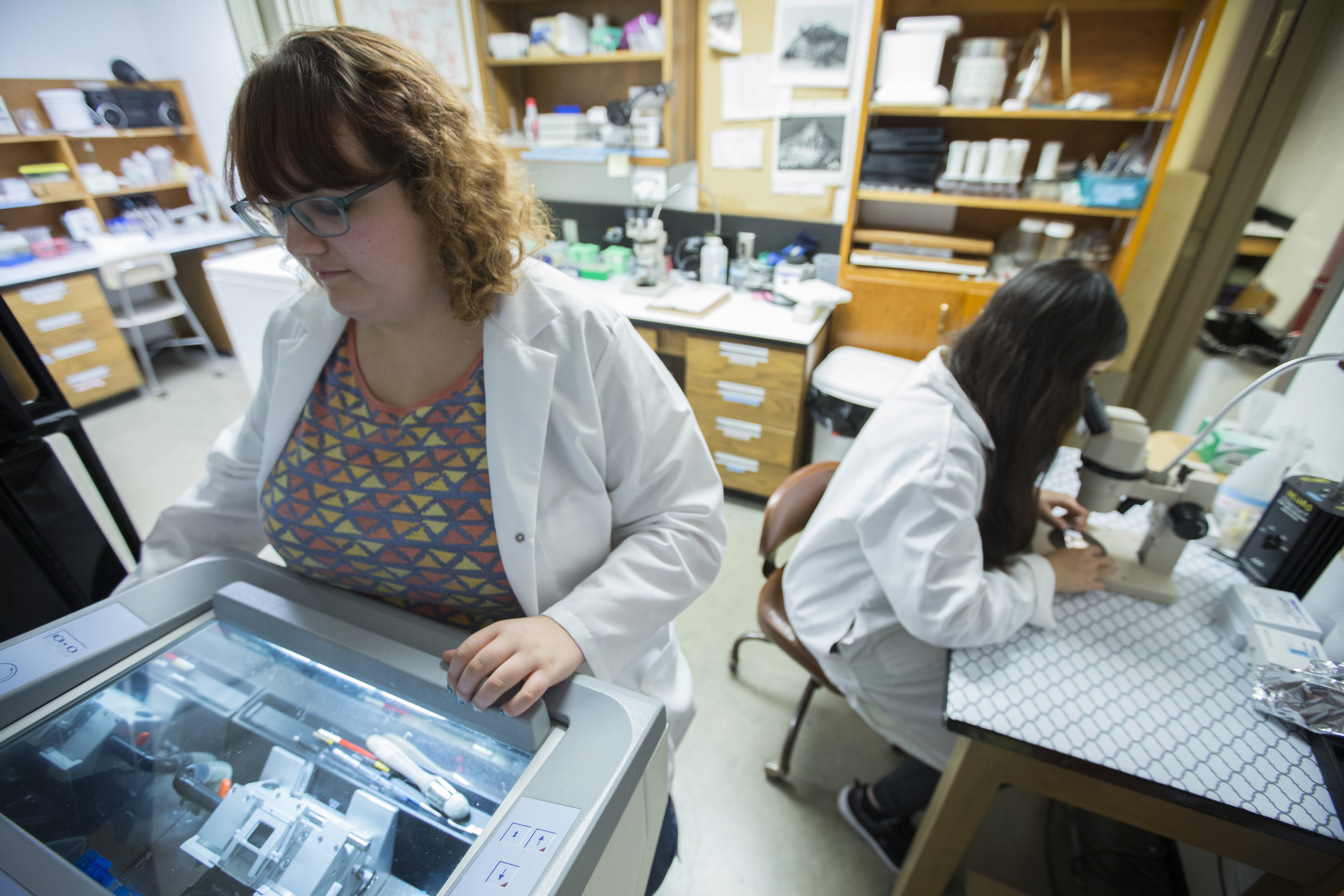 In a lab, one student looks into a microscope while another works on a machine.