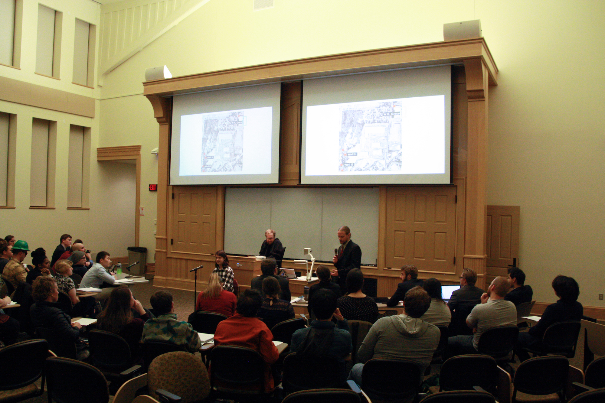 View of courtroom showing Thomas Mernin (played by Agronomy/EnSci major Elizabeth Schwab) being cross-examined by the plaintiff’s attorney, Lucas Haffner.