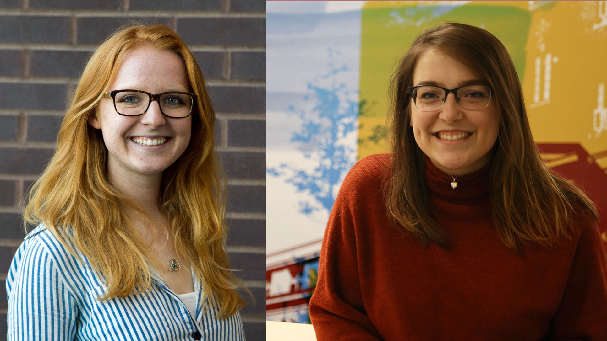 Emily Blobaum in a striped shirt with glasses and Alex Connor in a read sweater with glasses pictured at the Iowa State Daily and