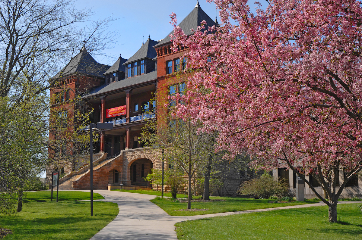 Catt Hall in the spring, with pink blossoms on tree