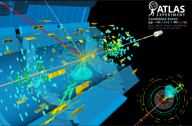 This image from the ATLAS Experiment at the Large Hadron Collider in Europe shows a Higgs boson decaying into a pair of bottom quarks (the blue cones highlighted on the bottom right image). Iowa State physicists have been part of the international team looking for the hard-to-find signal. Larger image. Image courtesy of the ATLAS Collaboration/CERN, the European Organization for Nuclear Research.