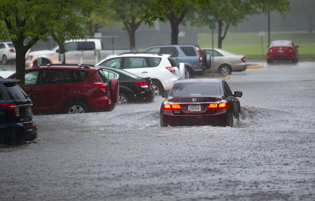 Cars in flood waters.