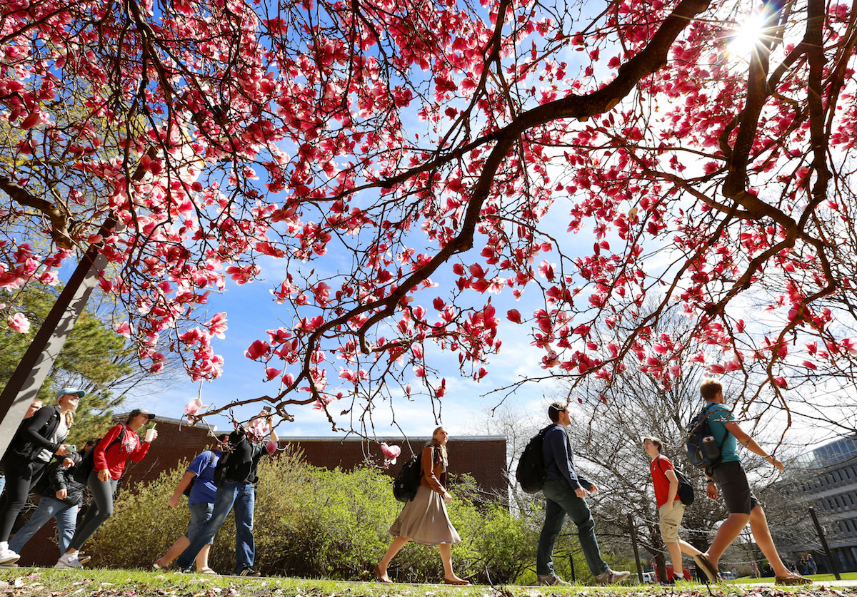 College students with backpacks walking outside.