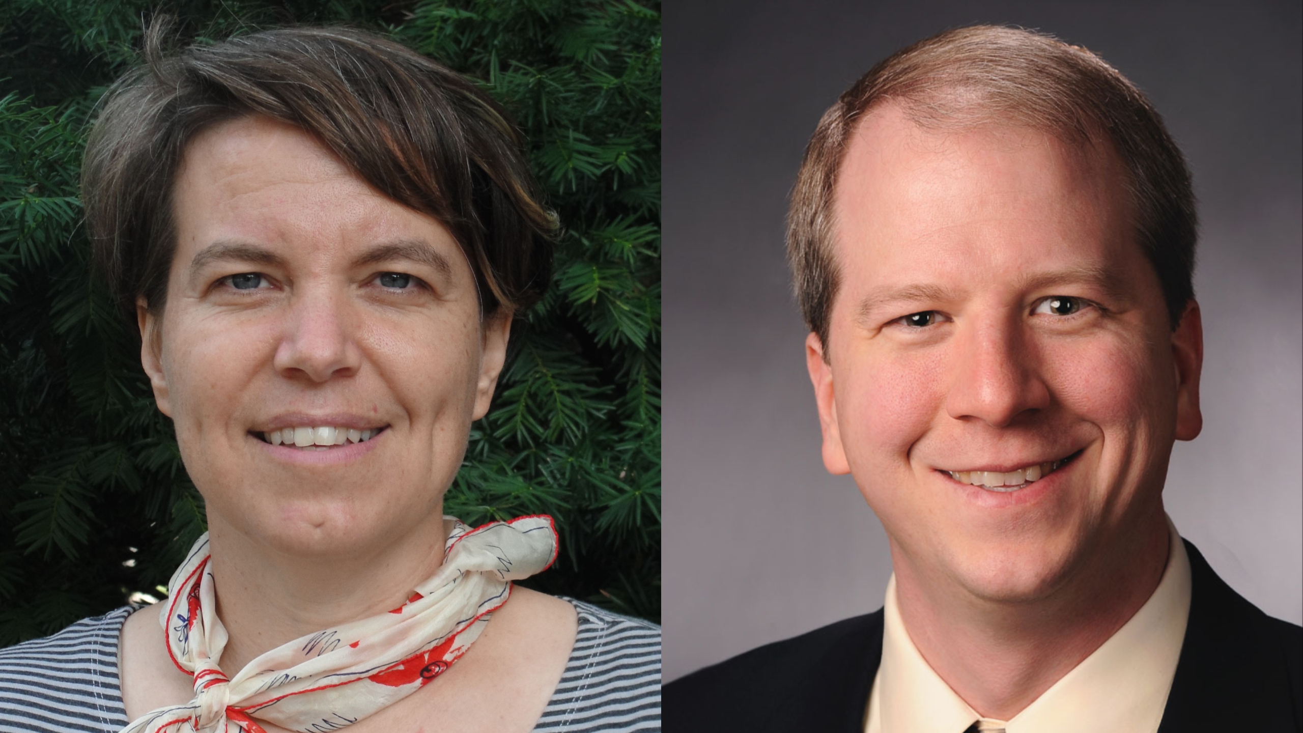 Two separate headshots: one of a white woman smiling at the camera, and one of a white man smiling at the camera.