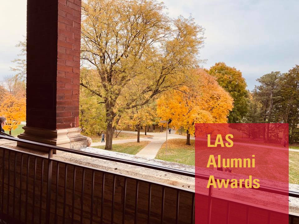 Trees with yellow leaves as viewed from Catt Hall balcony. Words LAS Alumni Awards.