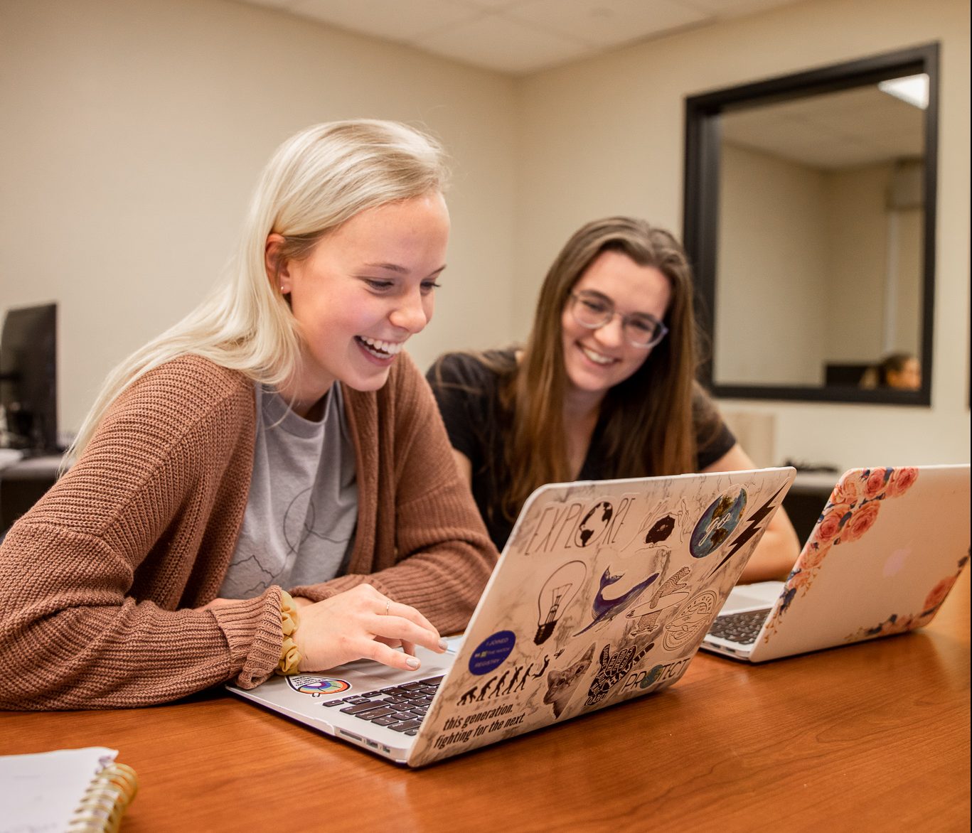 Two women looking at laptops