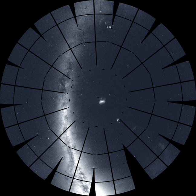 Snapshot of a spacecraft's 13-sector mosaic of the southern sky, recorded over the course of a year. One object shown in the mosaic is a long, bright edge of our Milky Way galaxy.