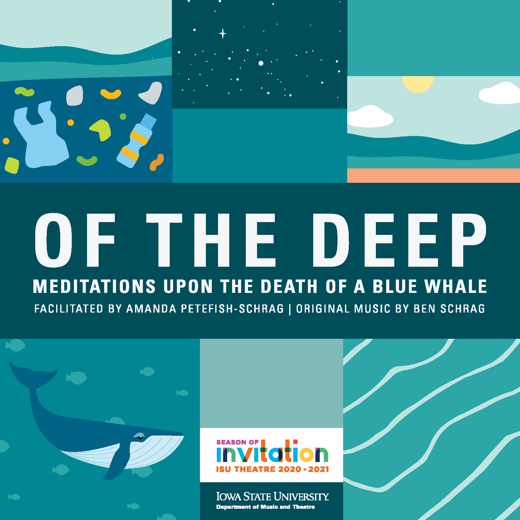 Images of a whale, ocean, trash with text "Of the Deep: Meditations on the Death of a Blue Whale"