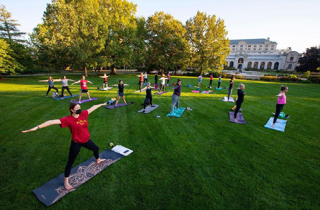 Students enjoy socially distanced yoga on Central Campus