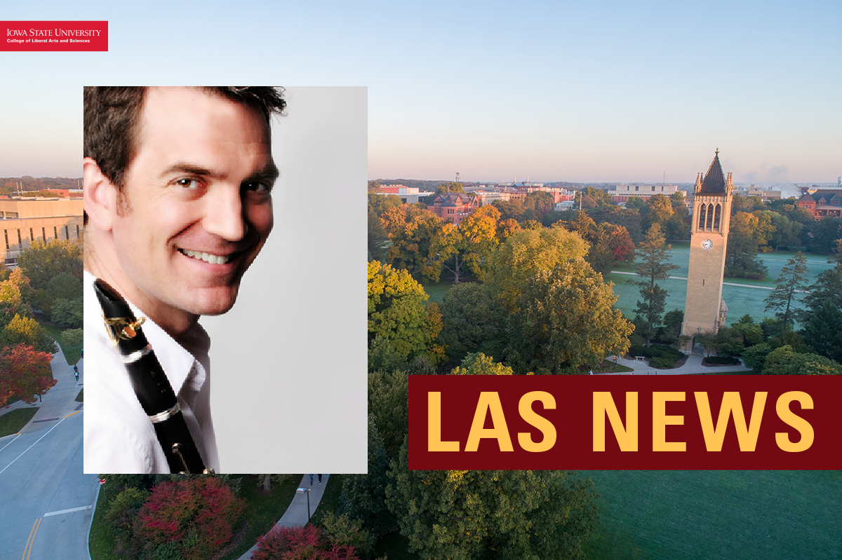 Greg Oakes with clarinet, Iowa State campanile in background