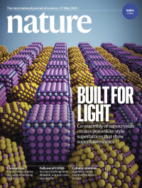 Cover of Nature, featuring yellow and purple, cube-shaped, microscopic materials.