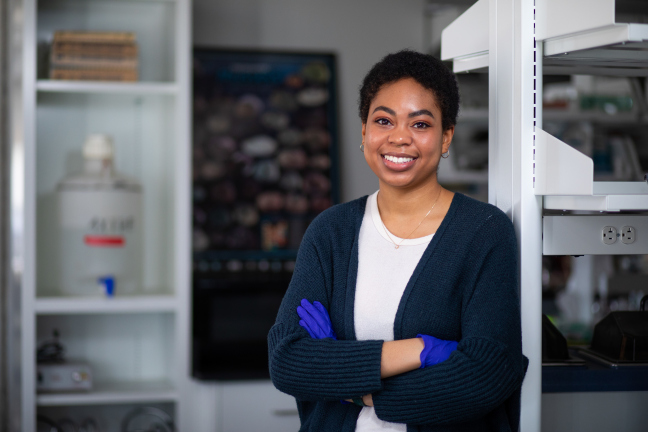 Graduating senior Toni Sleugh poses in a Bessey lab