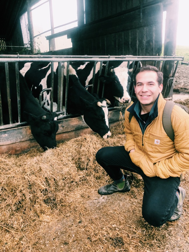 Adam Bittner poses with cows eating hay