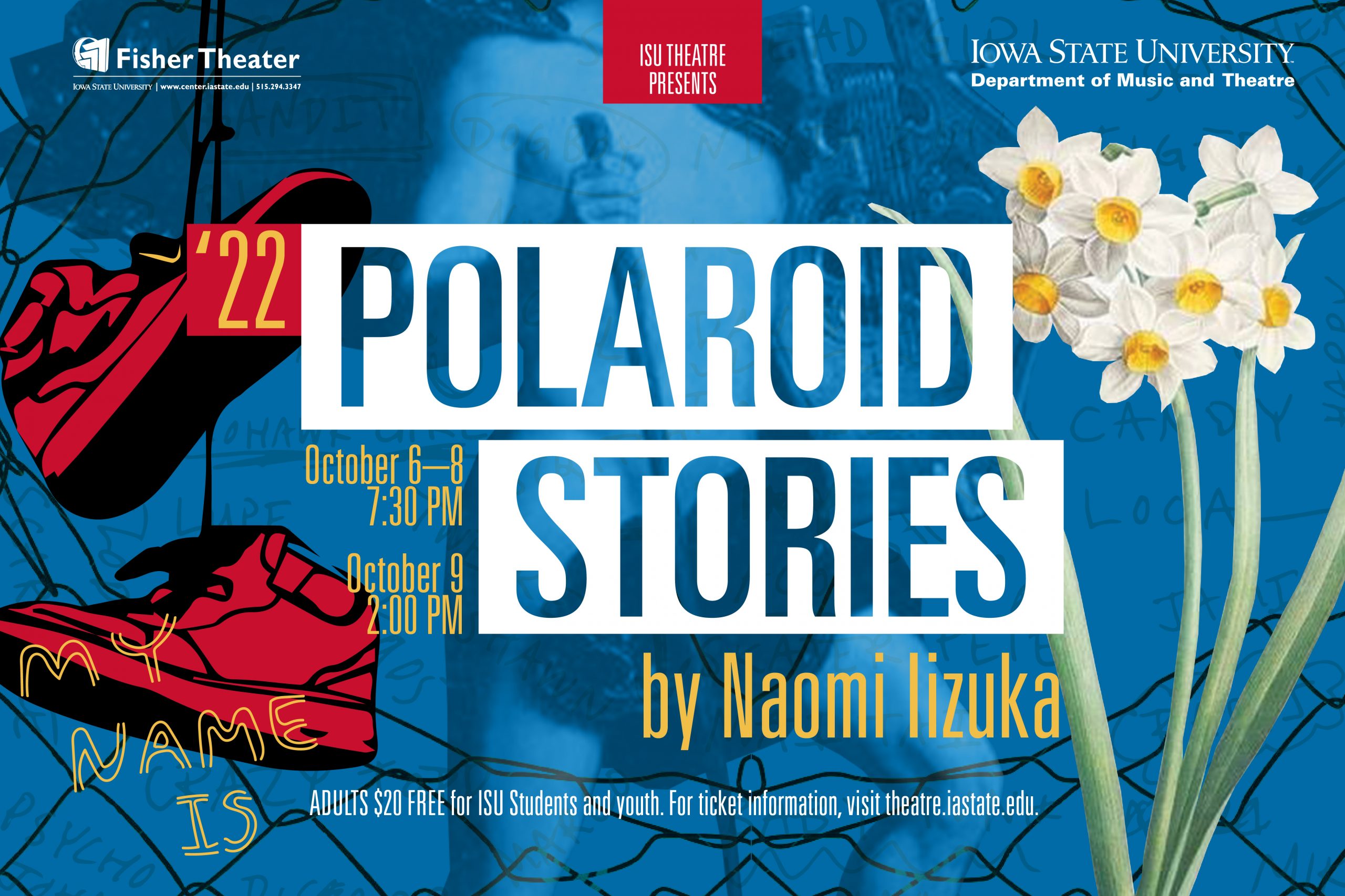 Poster collage for Polaroid Stories, with illustrated red sneakers and daffodils