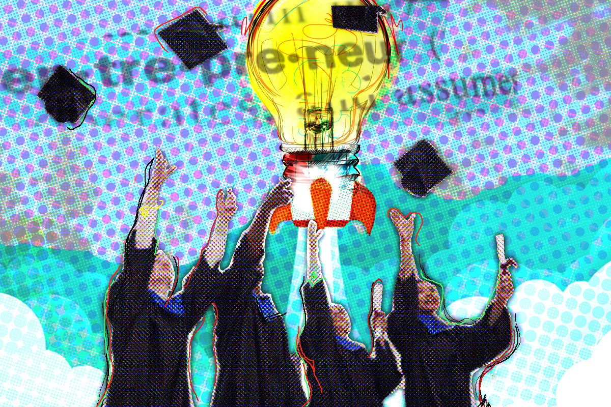 Illustration of graduates throwing their caps.