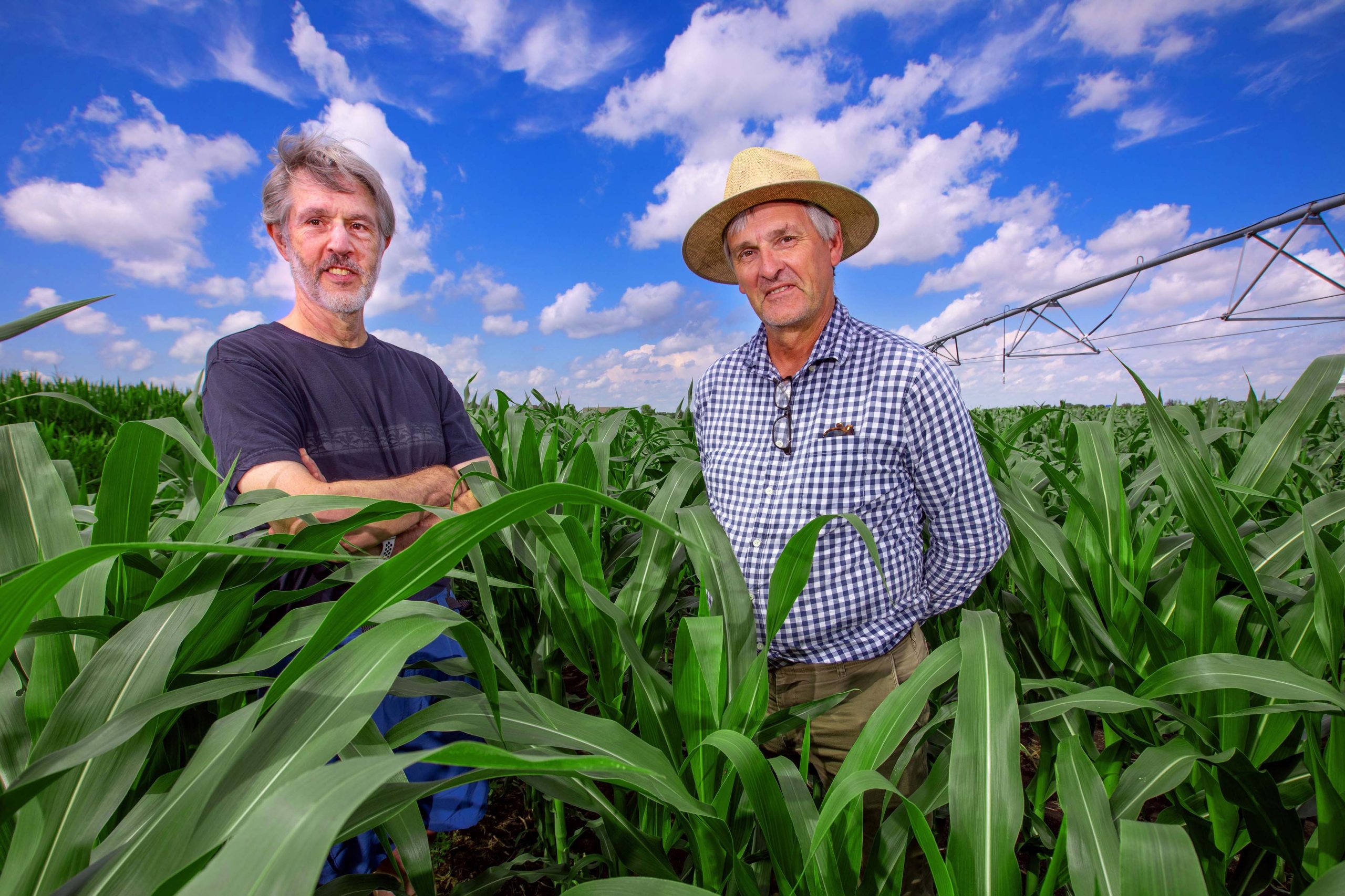 Alan Myers and Thomas Lübberstedt standing in a corn field.