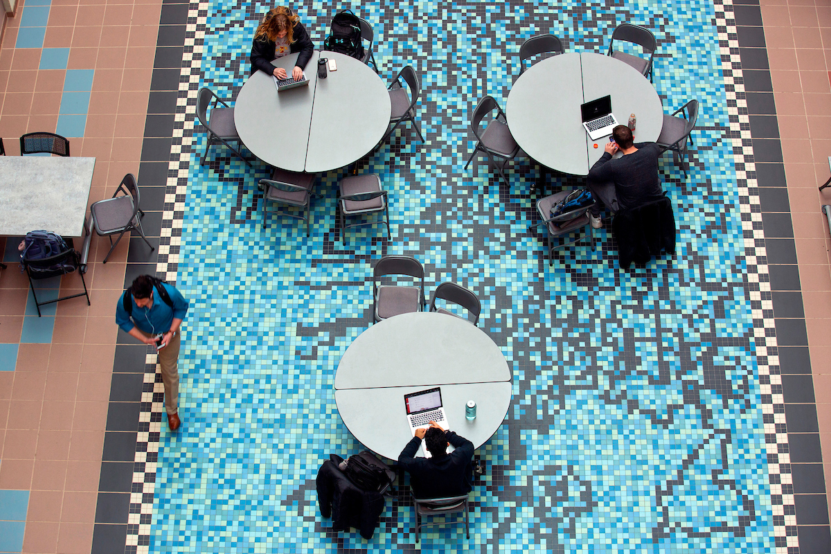 Students studying in Molecular Biology Building.