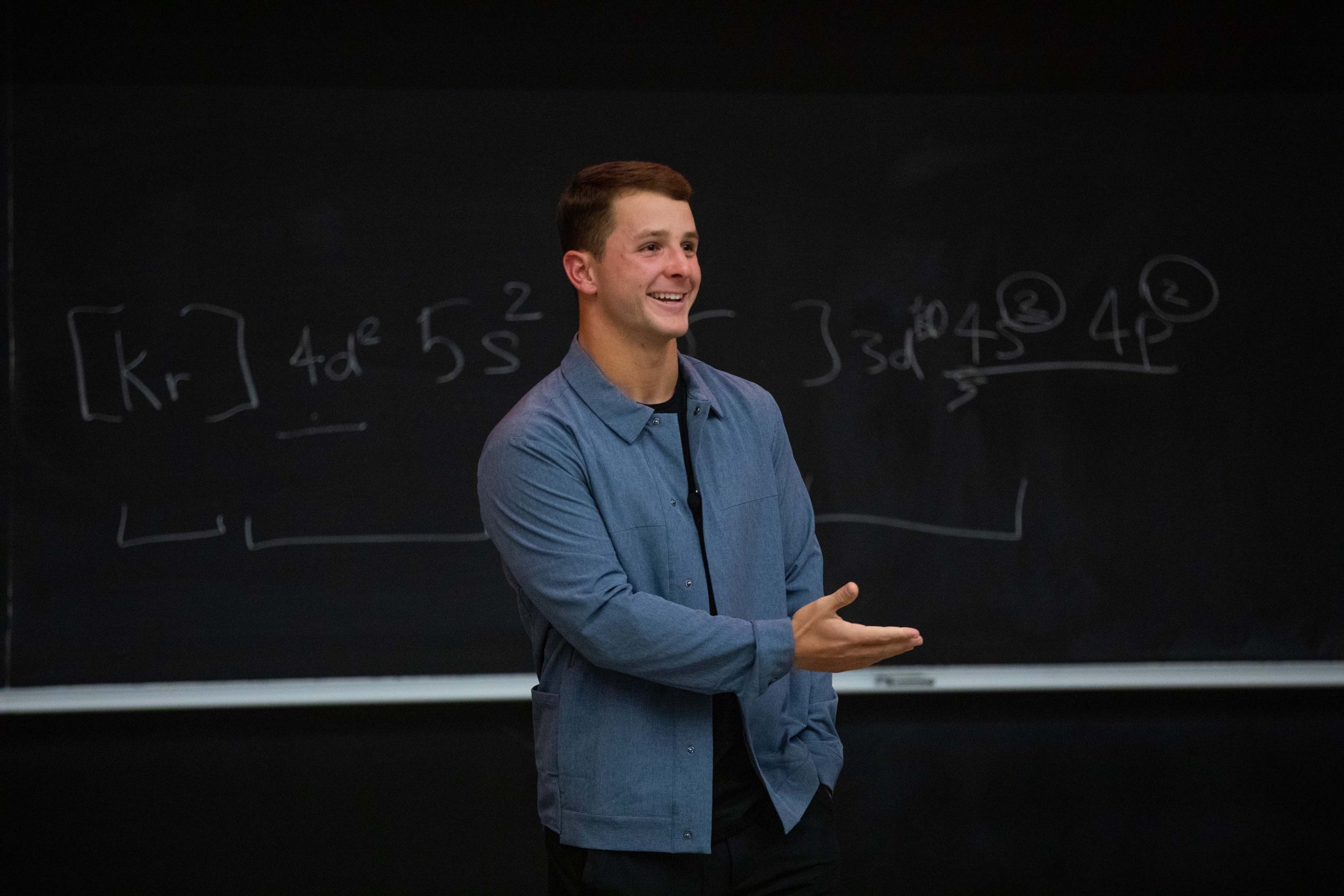NFL quarterback Brock Purdy speaks to a communication studies class at Iowa State in November 2023.