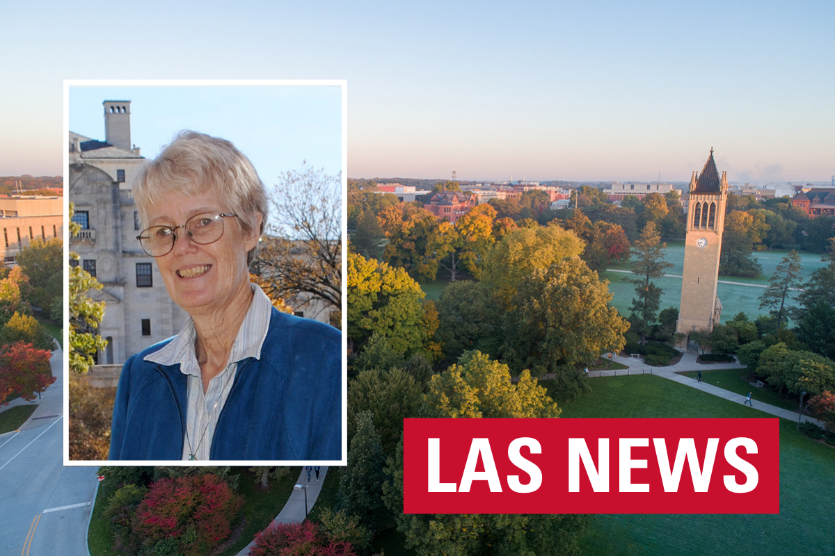 woman's portrait in front of aerial view of ISU campus