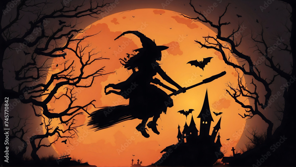 Illustration of a witch flying on a broom