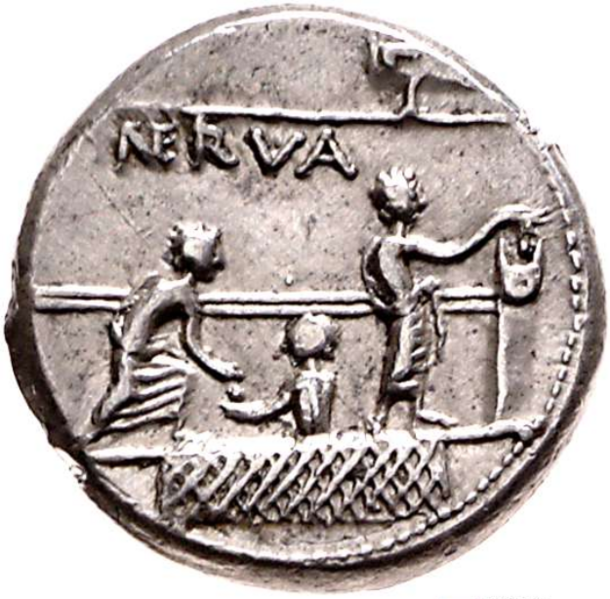 Nerva coin depicting early voting scene in Rome.